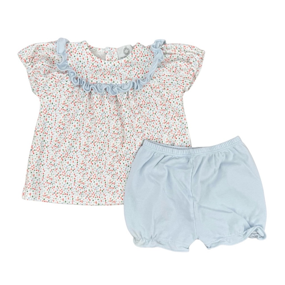 The Proper Peony Short Sleeve Ruffled Bloomer Set Blue Multi 18M Pima Cotton‎